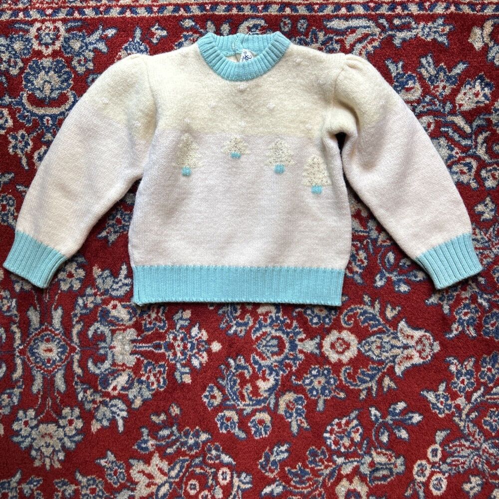 Mafrat Italian Sweater Girls 12-24 Months Cream Teal Wool Trees Puff Sleeve